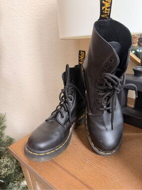 Dr. Martens Black Leather Lace-Up Combat Boots with Yellow Stitching